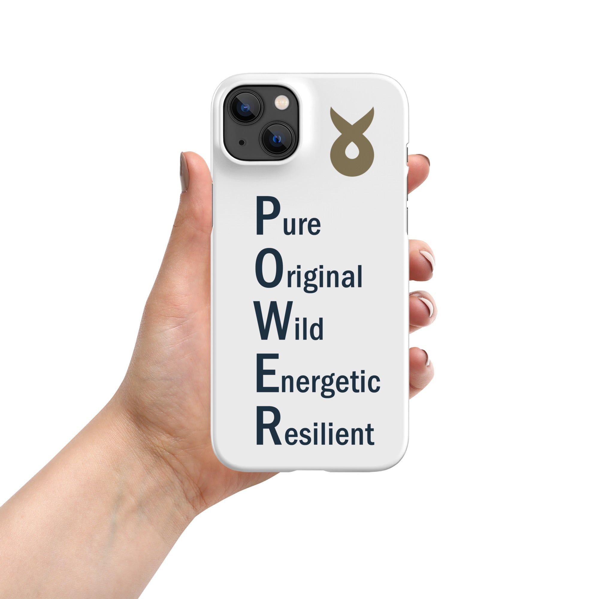 Hand holding a white phone case with the word &
