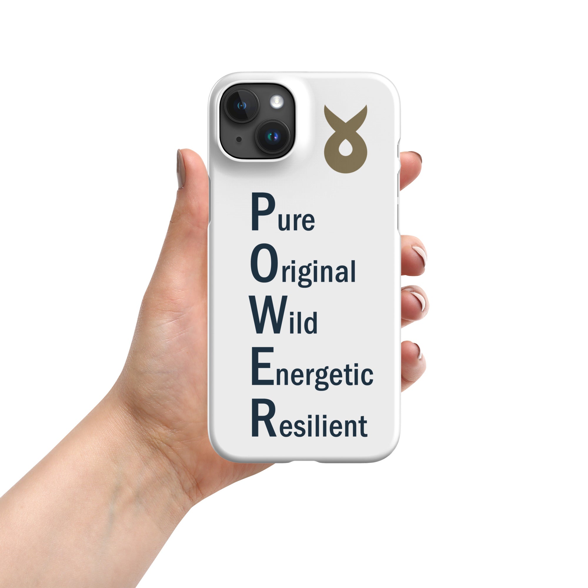 Hand holding a white phone case with the word &