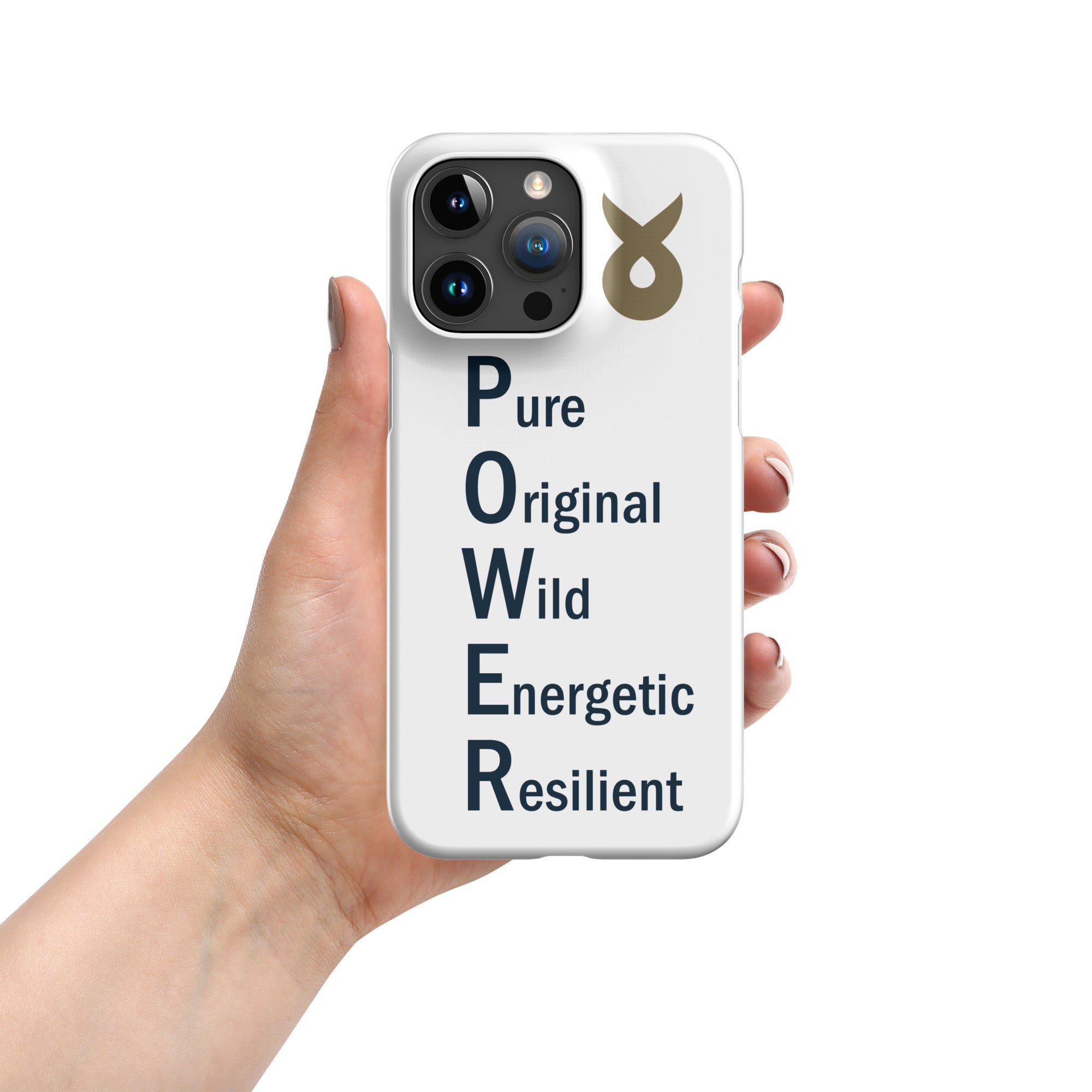 Hand holding a white phone case with the word &
