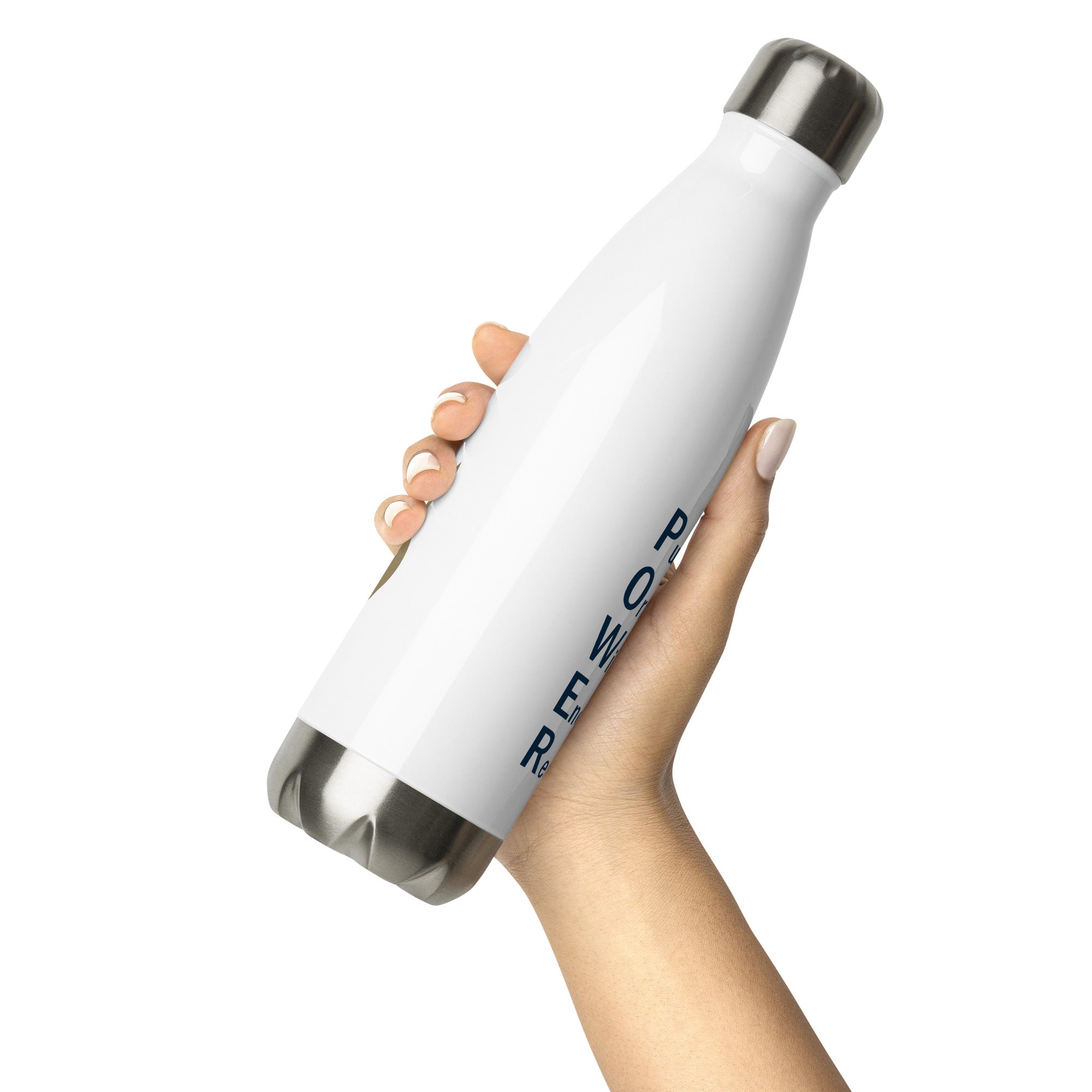 Hand holding a sleek white stainless steel water bottle with a silver cap and base. The side of the bottle displays the vertical acronym &