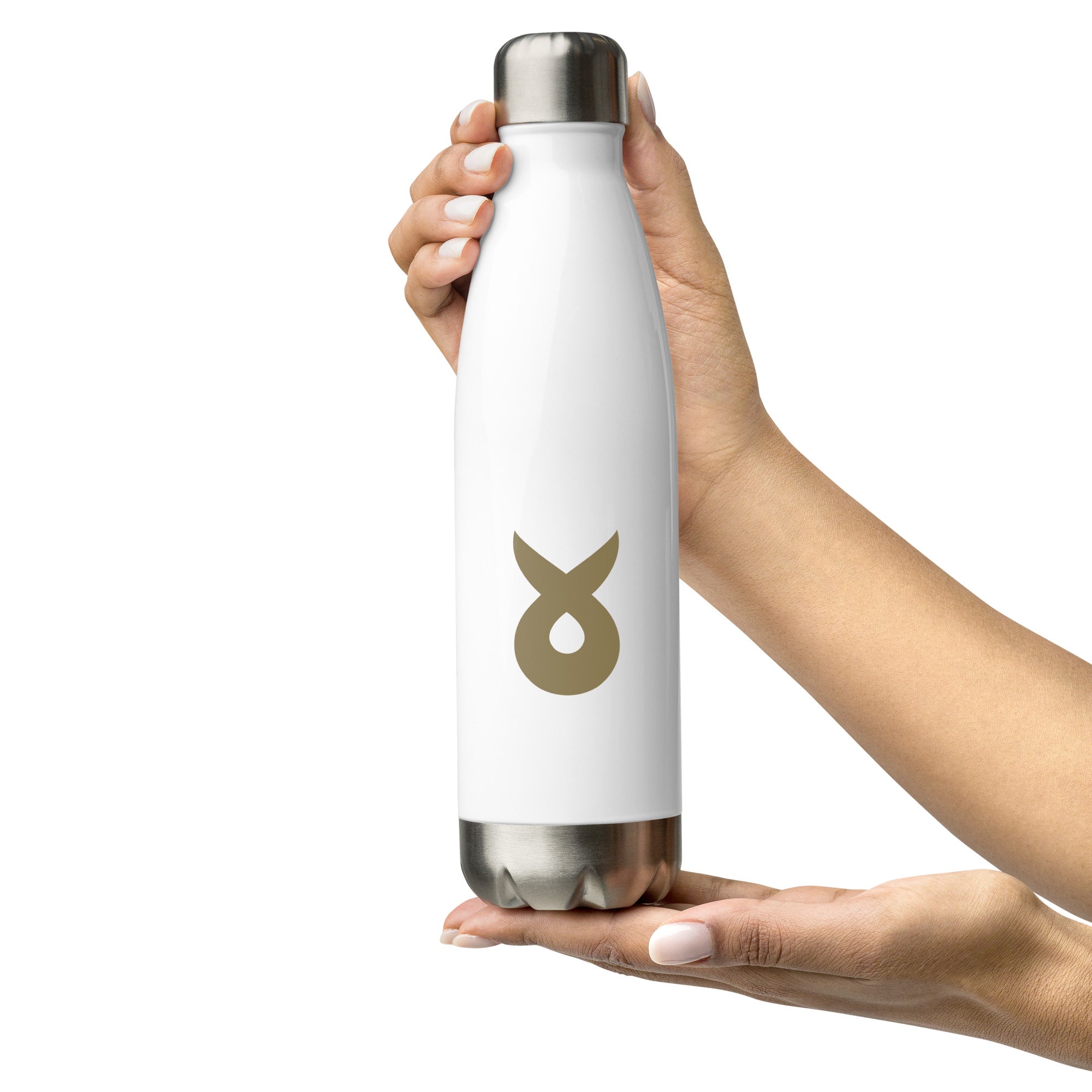A person holds a sleek white insulated water bottle with a metallic cap, featuring the gold Ballstad logo prominently displayed in the center.