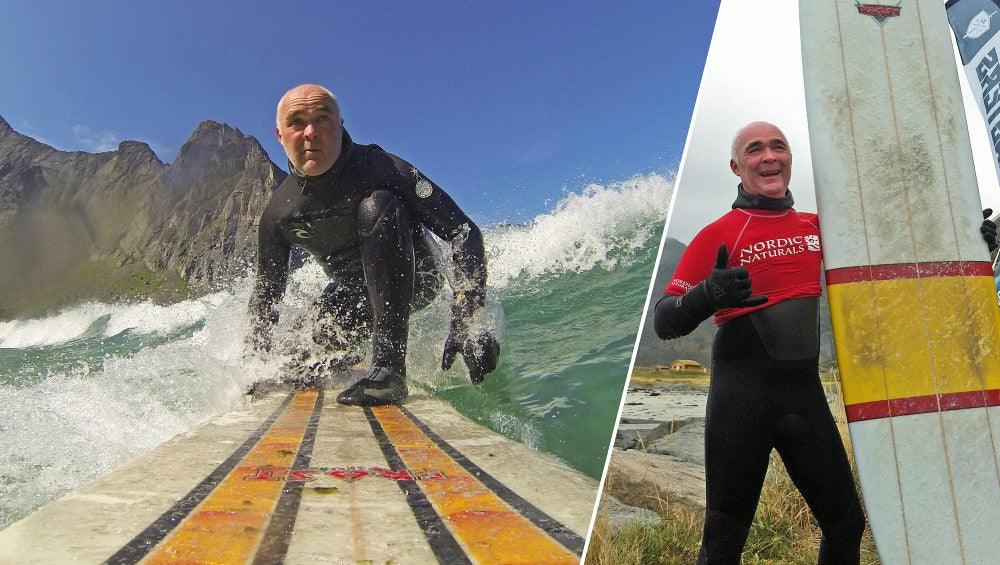 Per Benjaminsen surfing and posing with his surf board as twi separate frames