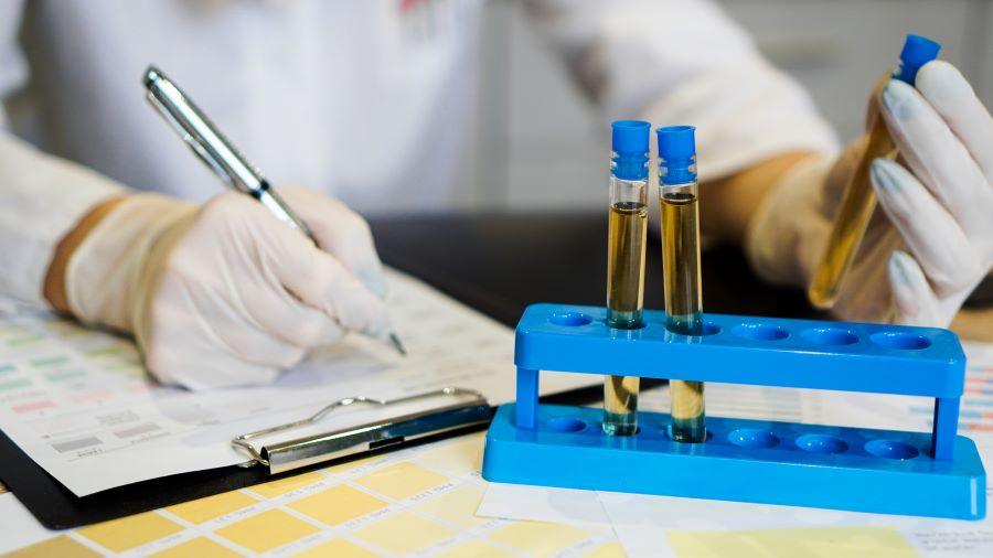 Laboratory technician wearing gloves writing on a clipboard while handling test tubes filled with yellow liquid, placed in a blue test tube rack.