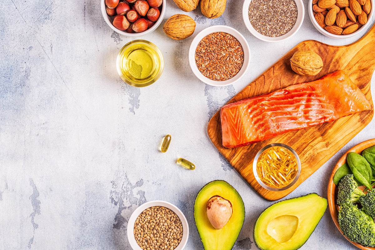 Animal and vegetable sources of omega-3 acids. Balanced diet concept. Top view, copy space.