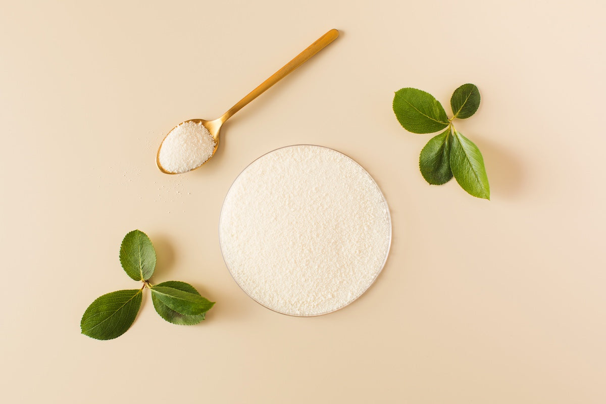 Collagen powder displayed in a glass dish with a gold spoonful of powder beside green leaves on a beige background.