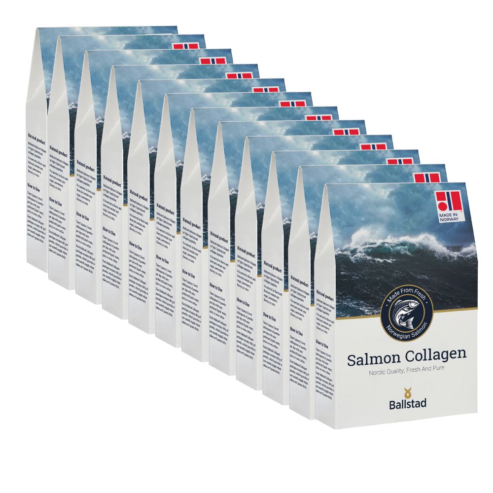 A row of Ballstad Salmon Collagen packages, labeled “Made from Fresh Norwegian Salmon,” displayed in a staggered formation, highlighting a bulk product offering.