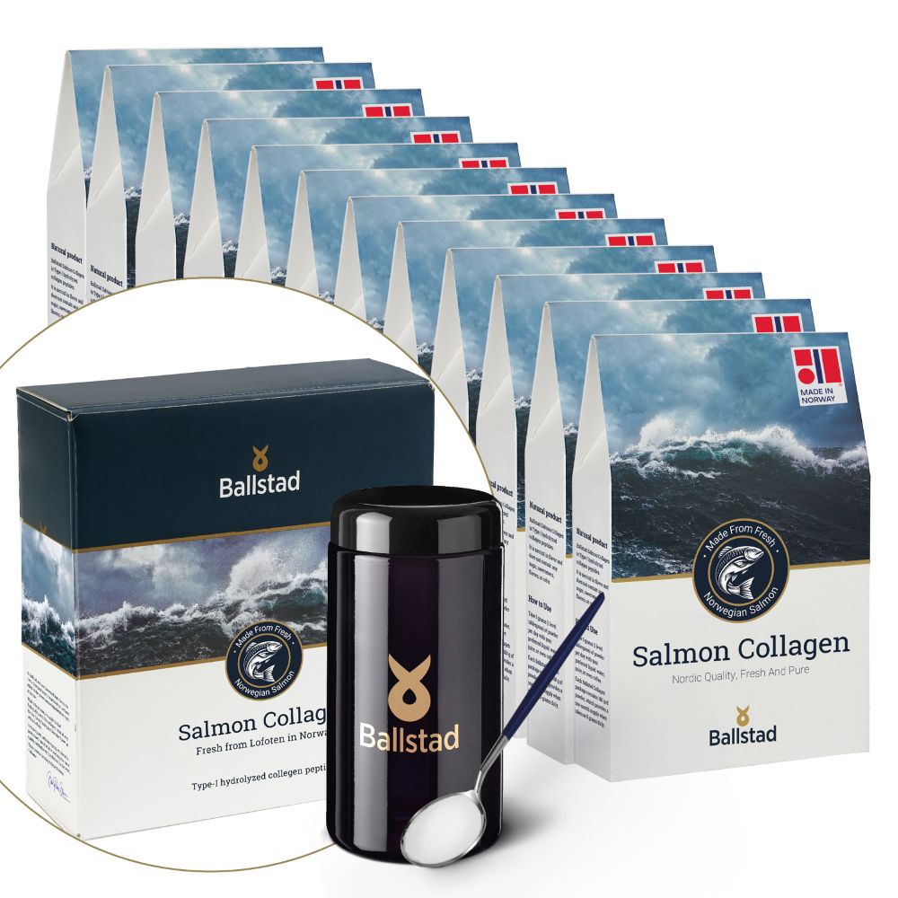 Ballstad Salmon Collagen bundle featuring 12 monthly refill packs and a premium storage jar with scoop, highlighting high-quality marine collagen sourced from Norwegian salmon.
