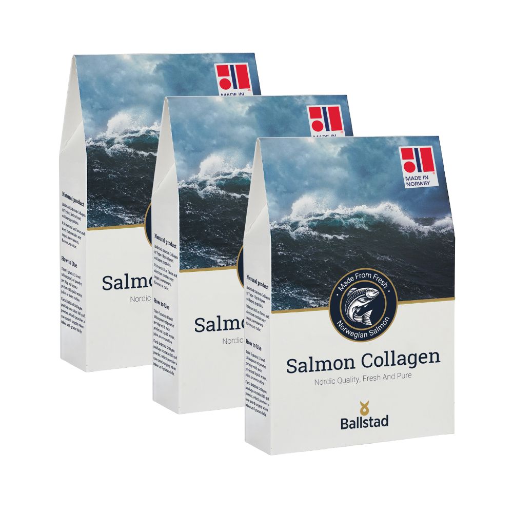 Three packs of Ballstad Salmon Collagen made from fresh Norwegian salmon, featuring ocean wave imagery and “Made in Norway” label.
