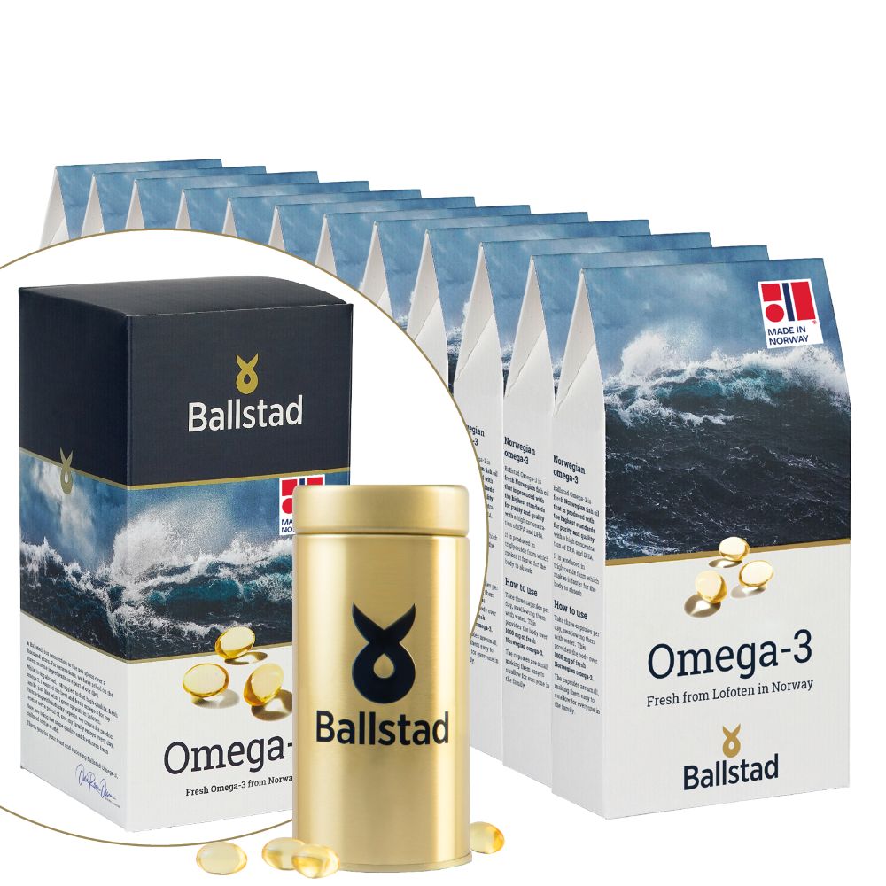 Ballstad Omega-3 12-month supply bundle, including twelve boxes of Norwegian fish oil softgels, a gold storage can, and a product box design close-up.