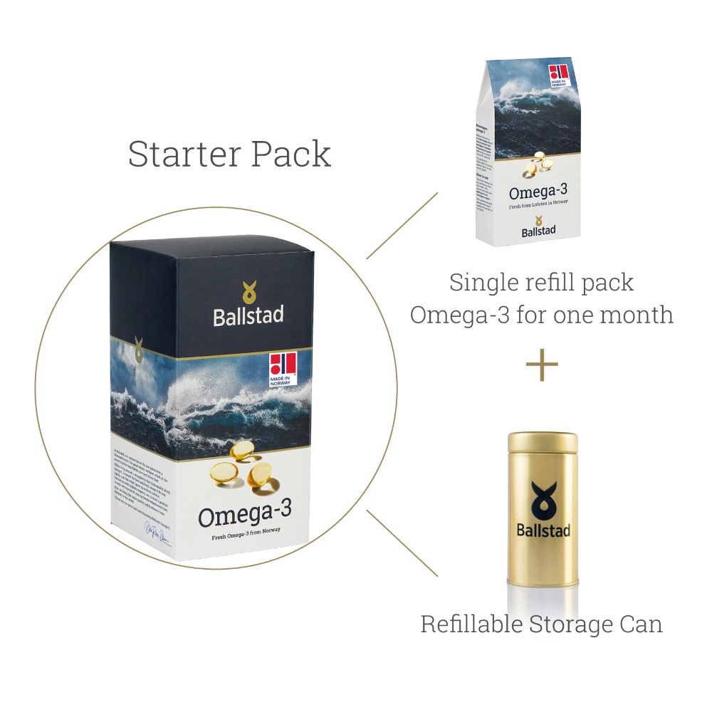 Ballstad Omega-3 starter pack with one-month refill pack and a refillable gold storage can, presented with sleek packaging and clean design.