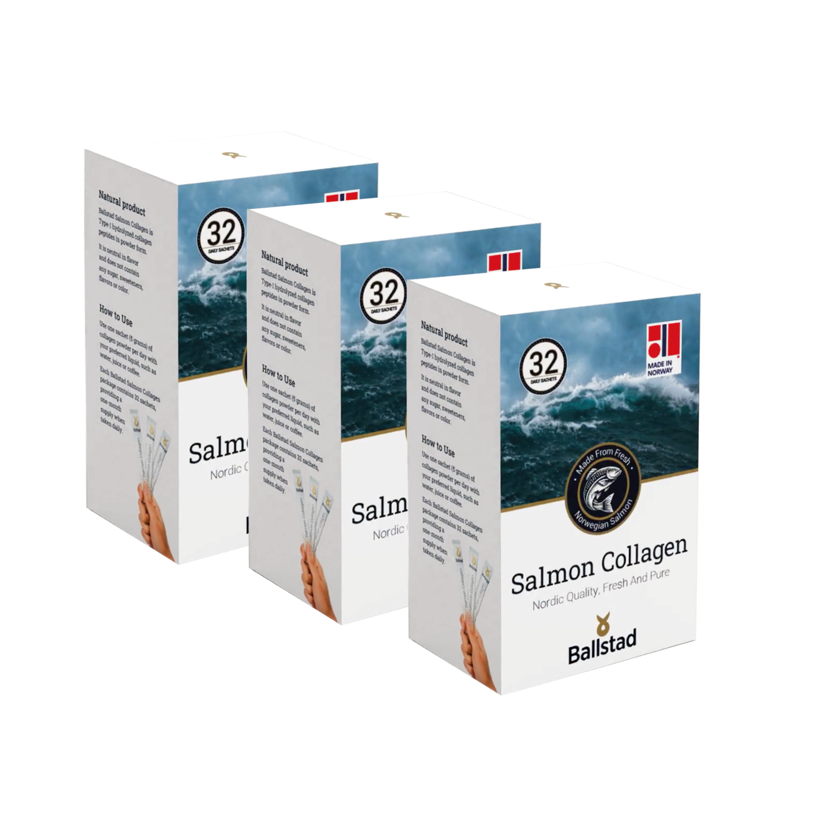 Three boxes of Ballstad Salmon Collagen on a white background