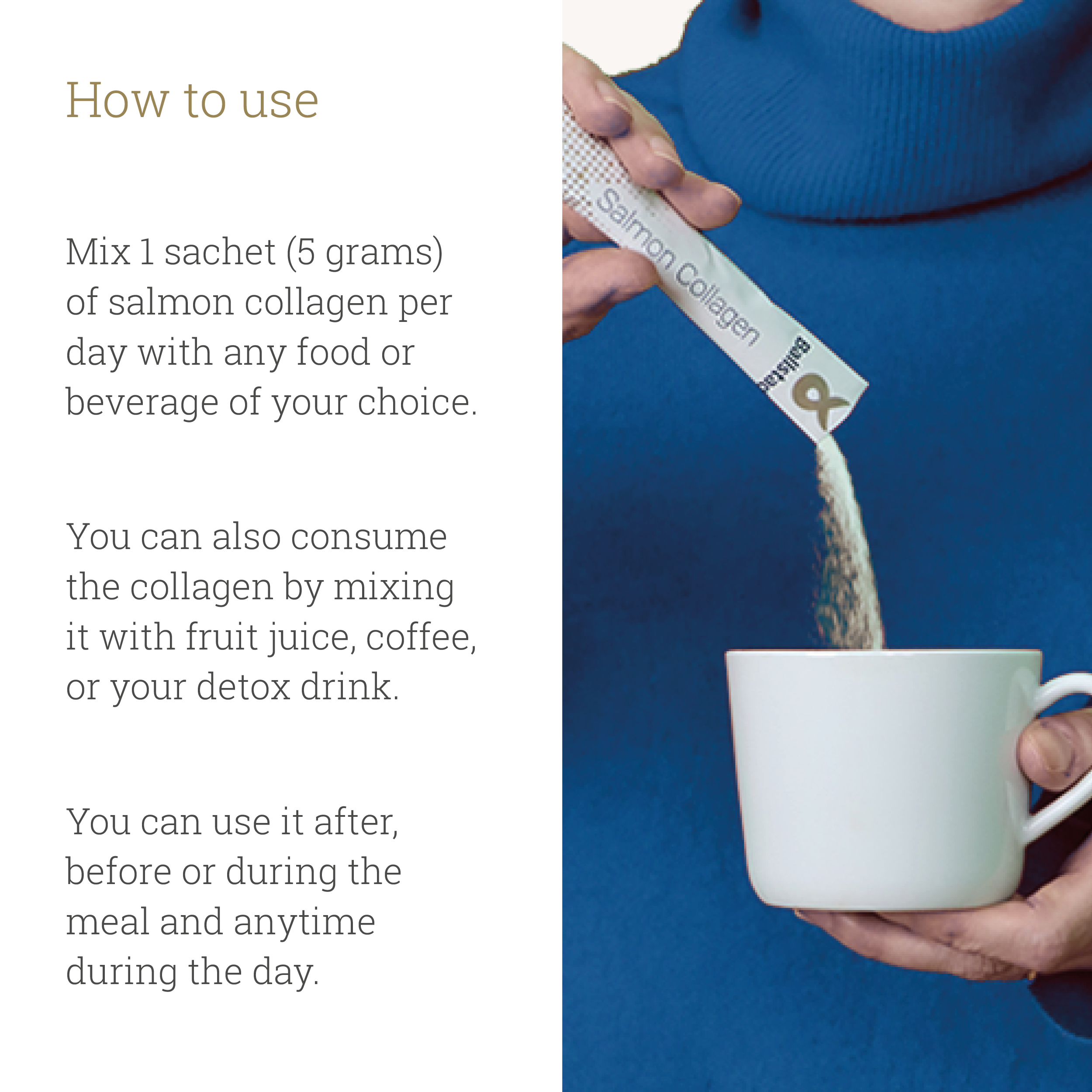 Person pouring salmon collagen powder into a white mug with text on how to use it.