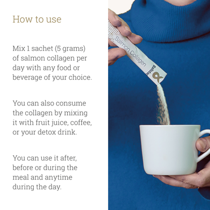 Person pouring salmon collagen powder into a white mug with text on how to use it.