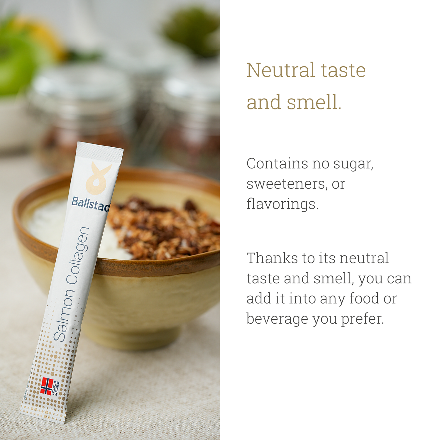 Ballstad Salmon Collagen package with a bowl of cereal in the background