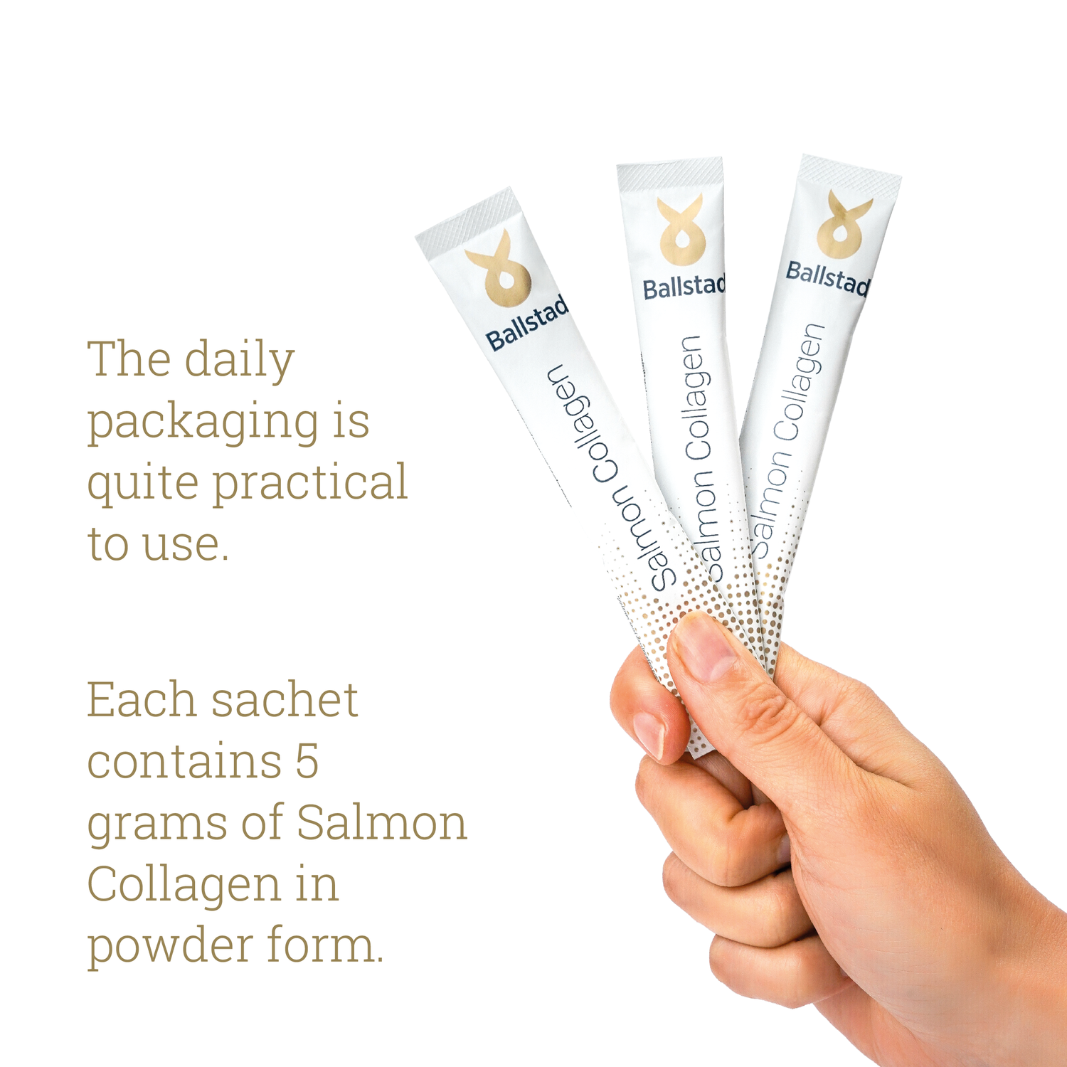 Hand holding three Ballstad Salmon Collagen sachets with text about daily packaging and collagen content.