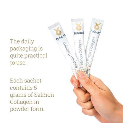 Hand holding three Ballstad Salmon Collagen sachets with text about daily packaging and collagen content.