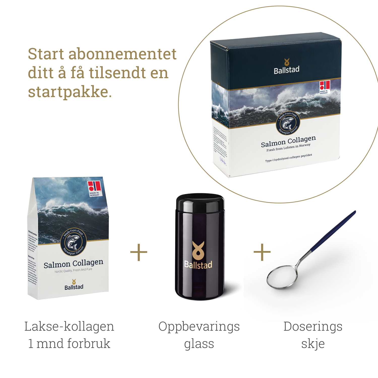 Ballstad Salmon Collagen product set with packaging, storage glass, and dosing spoon on a white background.