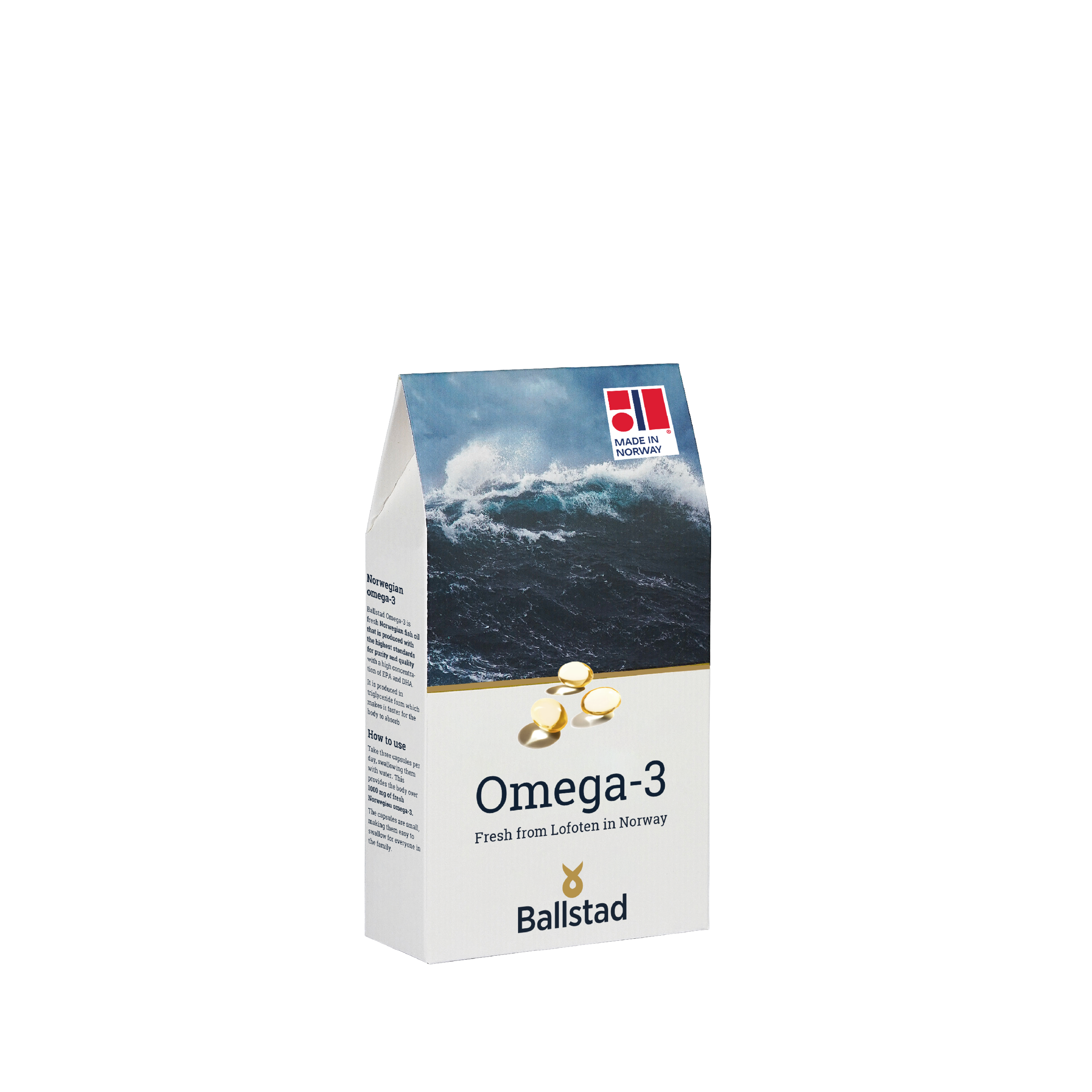 Box of Ballstad Omega-3 supplement with ocean image on a white background