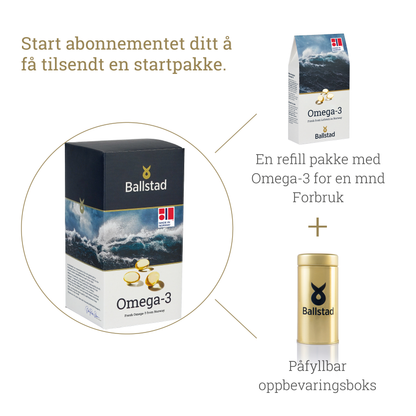 Ballstad Omega-3 supplement packaging with text on a white background