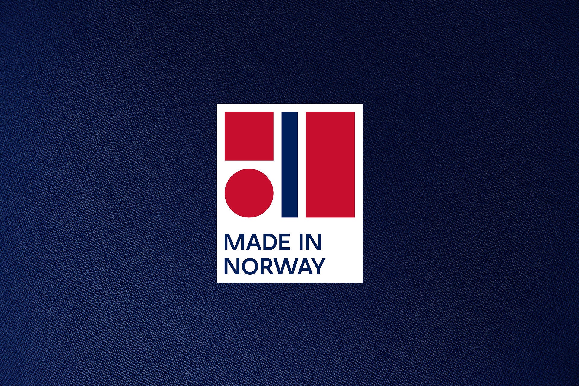"Made in Norway" logo featuring red and blue geometric shapes on a white background, placed over a dark blue textured surface.
