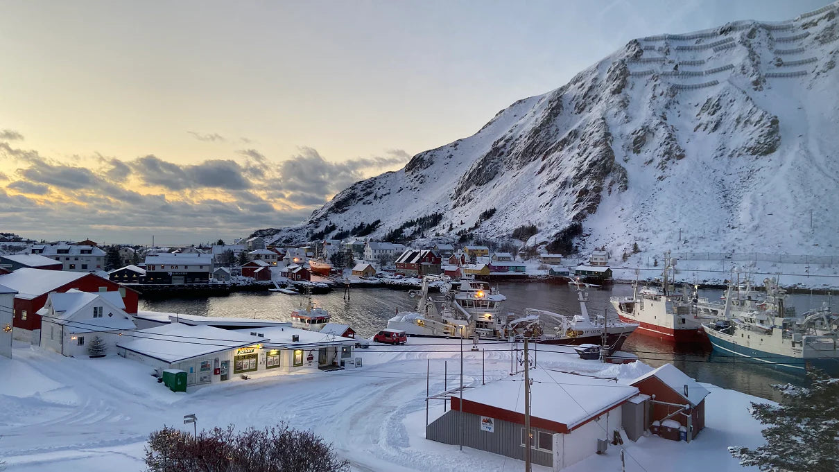 Snowy village with boats in a harbor and snow-covered mountains.